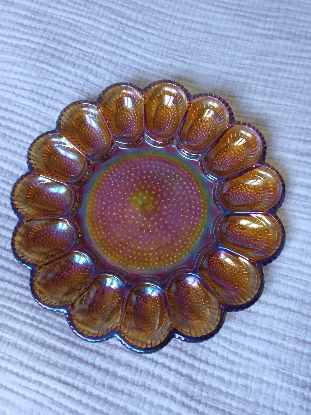 Iridescent Marigold Amber Carnival Glass Deviled Eggs Serving Plate
